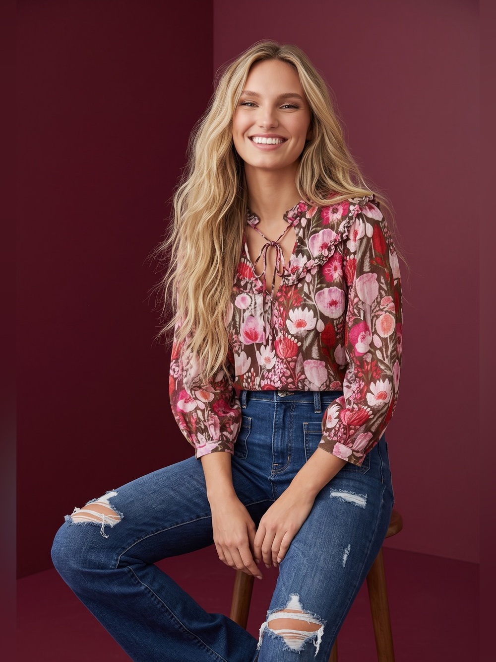 entro Floral Ruffle Tie-Neck Blouse in Brown, Pink, Red